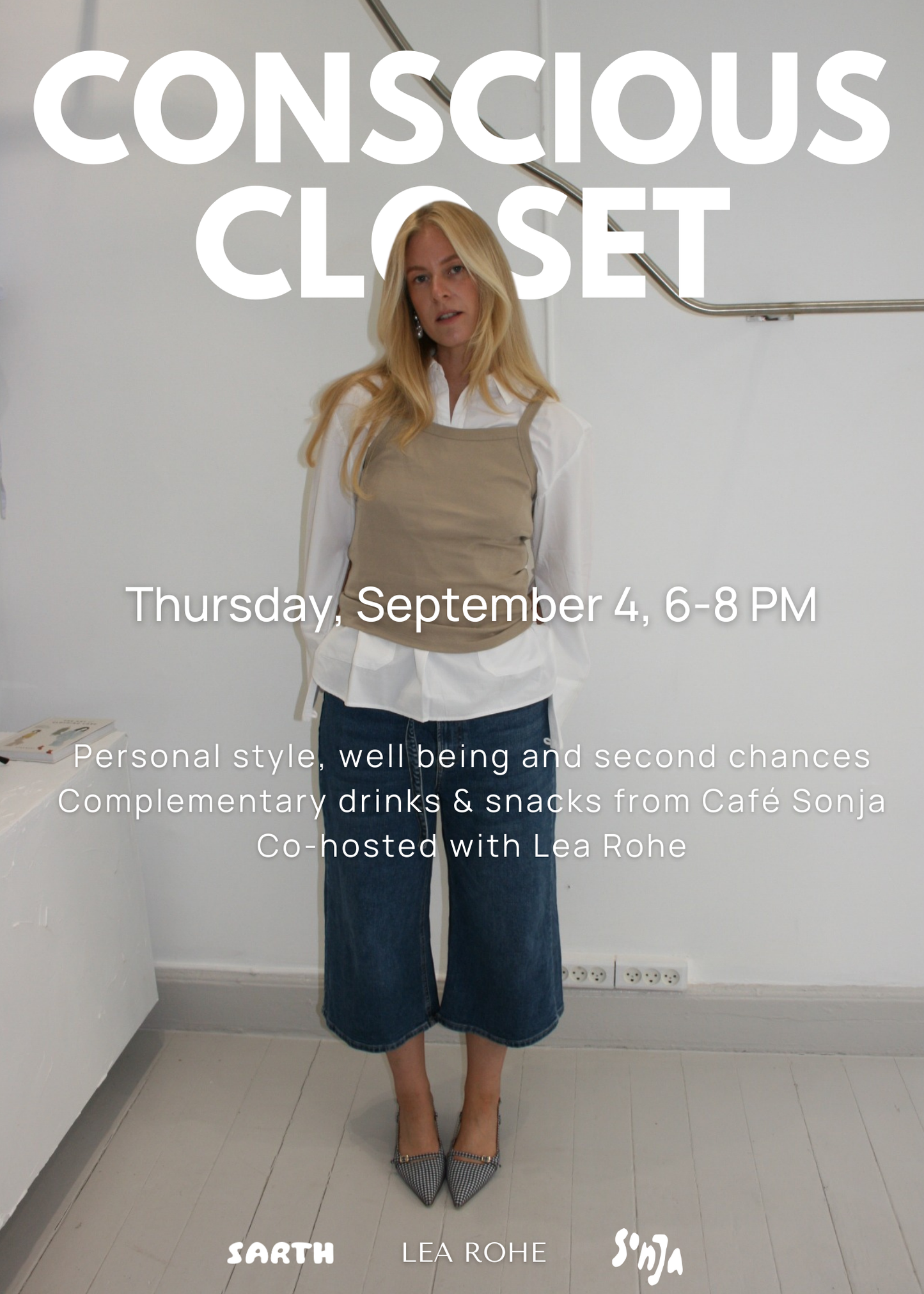 Promotional poster for 'Conscious Closet' event featuring a woman in a stylish outfit.