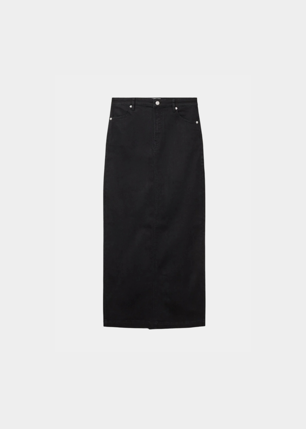 Black denim pencil skirt on a white background