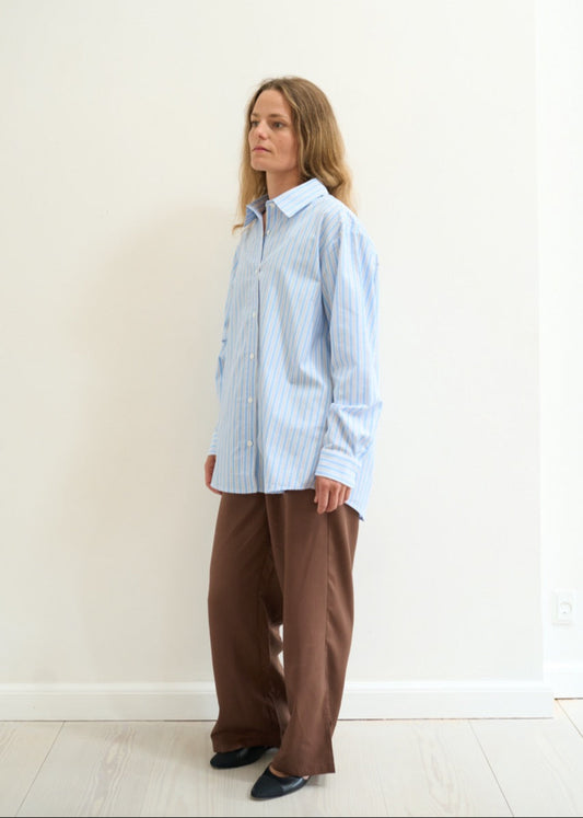 Person wearing a light blue striped shirt and brown pants against a white background