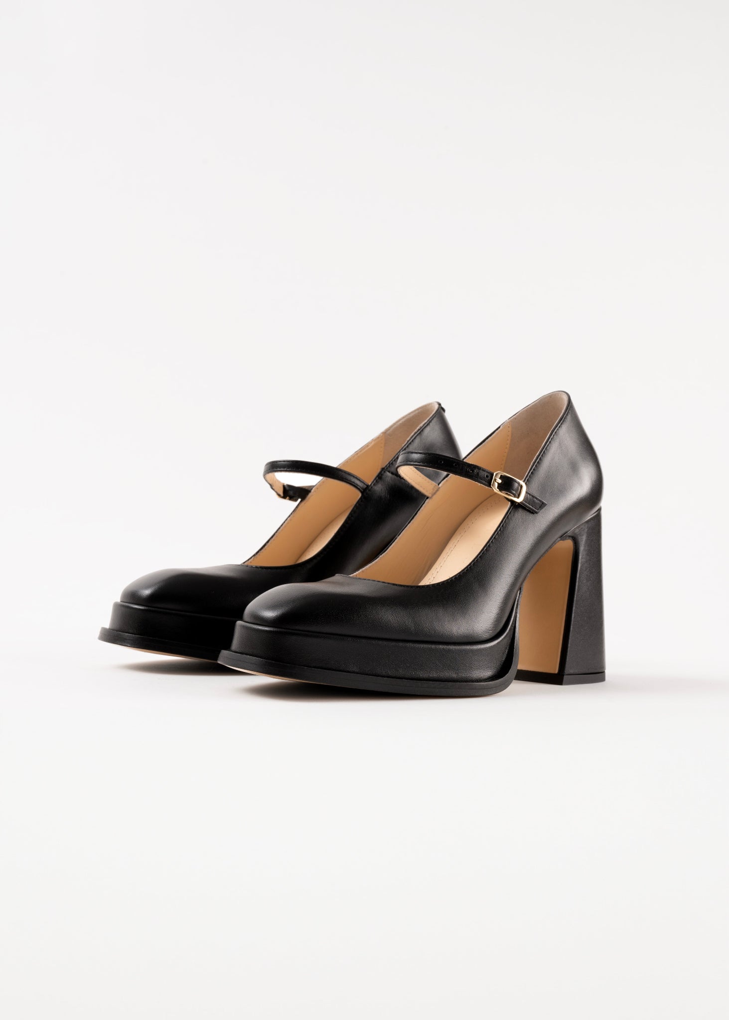 Pair of black high-heeled shoes on a white background
